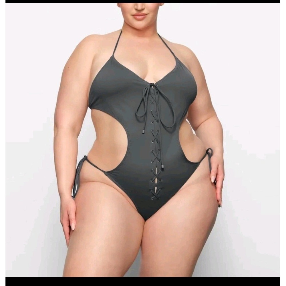 SKIMS Lace Up Monokini Carbon‎ Grey One Piece Swimsuit Side Tie Cut Out XL